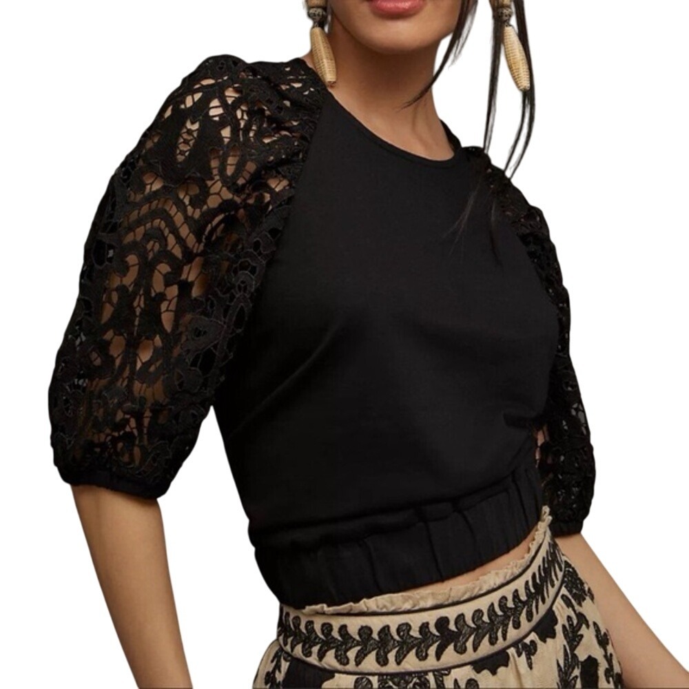 Anthropologie Dolan Balloon Sleeve Top Lace Cut Outs Black Sz‎ S Boho Volume